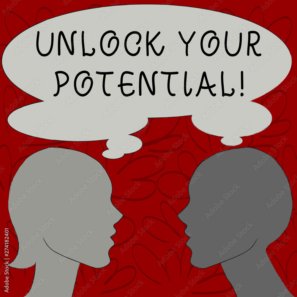 Text sign showing Unlock Your Potential. Business photo text release possibilities Education and training is key Silhouette Sideview Profile Image of Man and Woman with Shared Thought Bubble