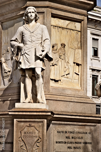 Marco D'Oggiono assistant to Leonardo. Statue in Piazza della Scala in Milan photo