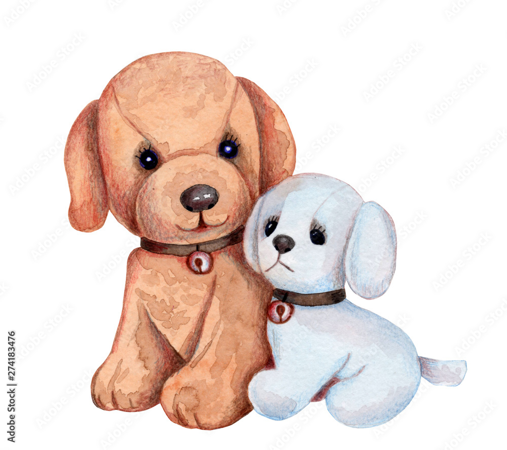 Watercolor illustration of two sitting cute puppys dogs. Hand drawn, isolated. Watercolor illustration of two sitting cute puppys dogs. Hand drawn, isolated.