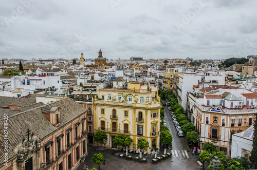 Seville streets seen from a high vantage point, on a cloudy day
