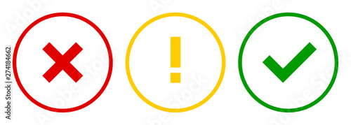 Set of round x mark, exclamation point, check mark icons, buttons on white background.