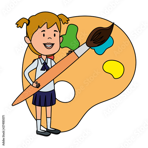 happy student girl painting with paintbrush and pallette