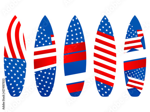 Surfboards with USA flag on a white background. Types of surfboards with a pattern. Vector illustration