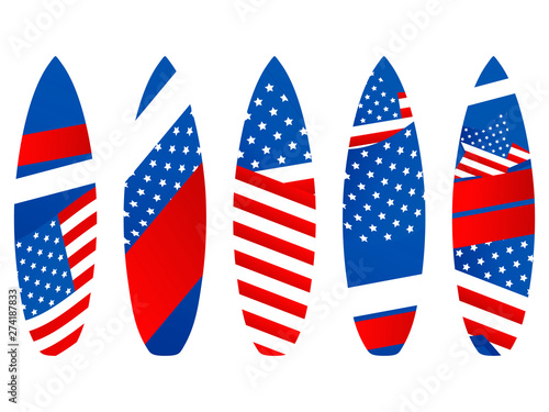 Surfboards with USA flag on a white background. Types of surfboards with a pattern. Vector illustration