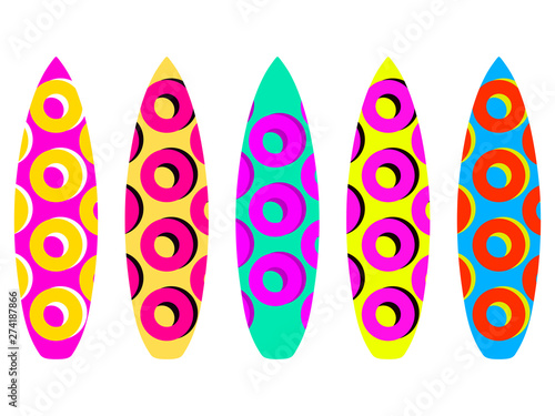 Surfboards on a white background. Types of surfboards with a pattern. Vector illustration