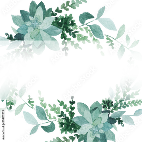 watercolor green leaves  isolated on white. Sketched wreath, floral and herbs garland. Handdrawn watercolour illustration © Anna
