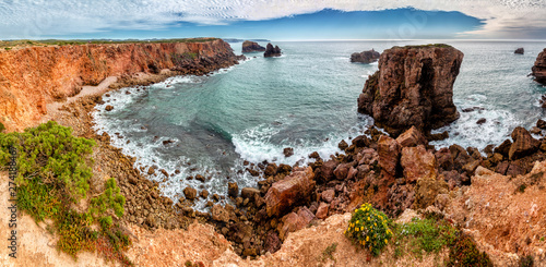 Rocky coastline in the Costa Vicentina natural park at the Atlantic Ocean at the Algarve, Portugal.
