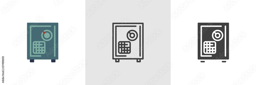 Bank safe with password buttons icon. Line, glyph and filled outline colorful version, Safe box outline and filled vector sign. Symbol, logo illustration. Different style icons set. Vector graphics - obrazy, fototapety, plakaty 
