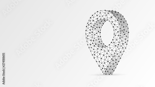 GPS Pin symbol composed of polygon. Business travelling, navigation system, location marker concept. Abstract, digital, wireframe low poly mesh Vector white origami 3d illustration. Triangle, line dot