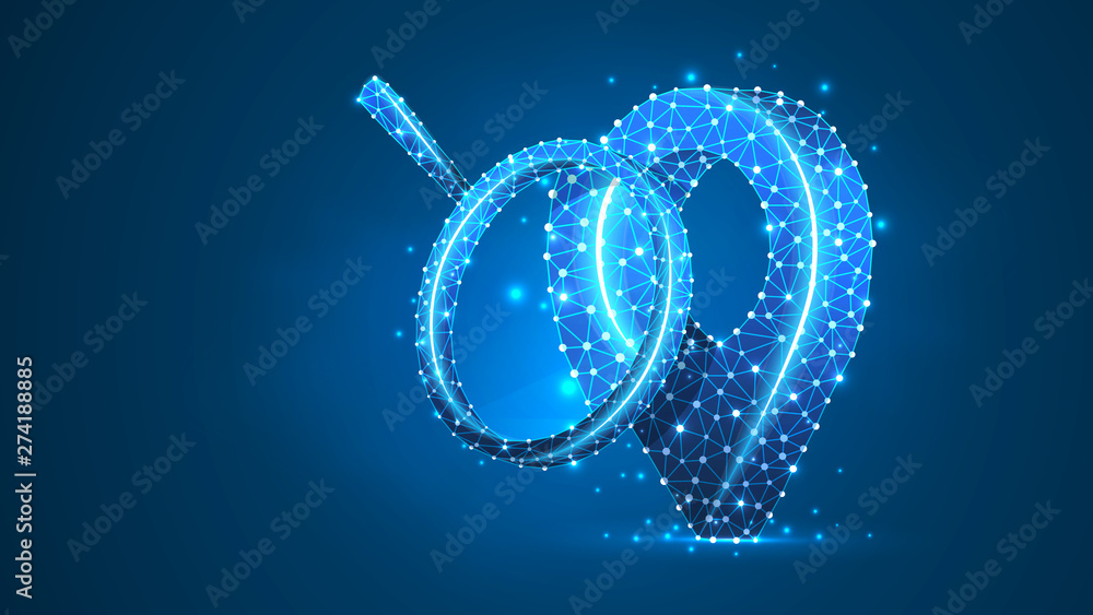 Magnifying glass on GPS Pin marker. Map analysis, traveling safety, geolocation research concept. Abstract, digital, wireframe low poly mesh vector blue neon 3d illustration. Triangle line dot Magnifying glass on GPS Pin marker. Map analysis, traveling safety, geolocation research concept. Abstract, digital, wireframe low poly mesh vector blue neon 3d illustration. Triangle line dot