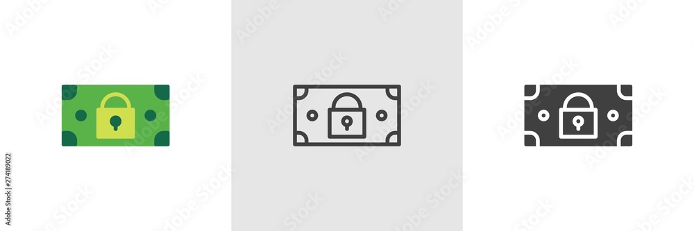 Obraz premium Dollar money bill with padlock icon. Line, glyph and filled outline colorful version, Finance security outline and filled vector sign. Symbol, logo illustration. Different style icons set.