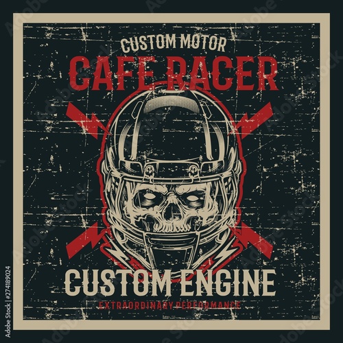 vintage grunge style skull wearing helmet and text cafe racer hand drawing vector