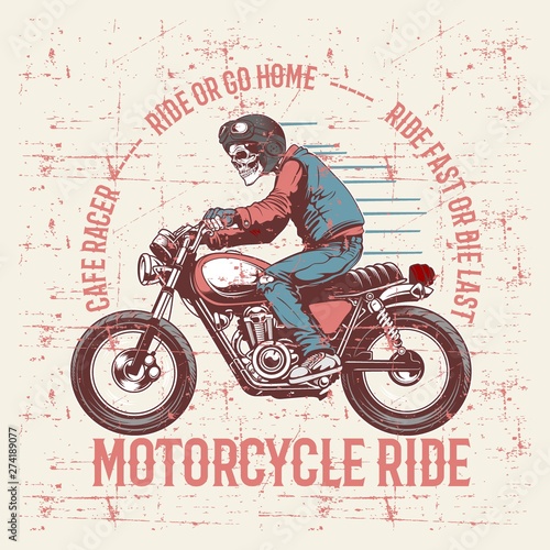 vintage grunge style skull wearing helmet and text cafe racer hand drawing vector