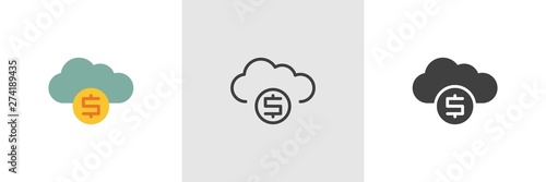 Money cloud icon. Line, glyph and filled outline colorful version, Dollar coin with cloud computing outline and filled vector sign. Symbol logo illustration. Different style icons set. Vector graphics