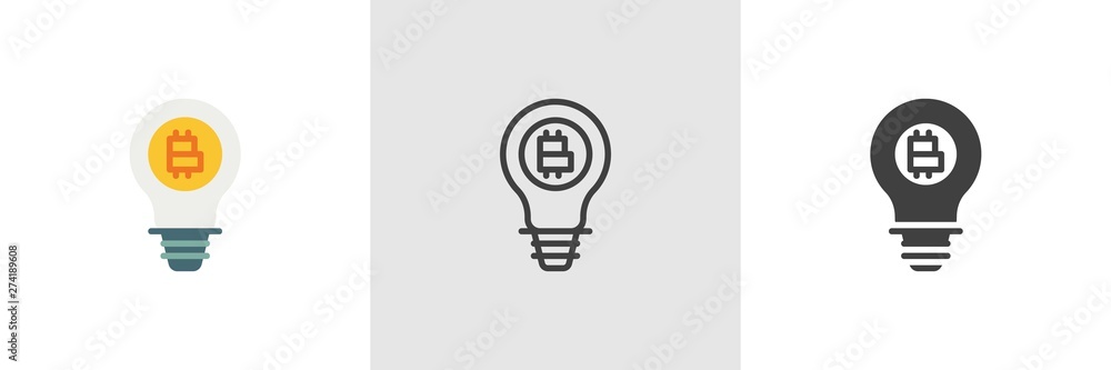 Lamp with bitcoin icon. Line, glyph and filled outline colorful version, Light Bulb bitcoin coin outline and filled vector sign. Symbol, logo illustration. Different style icons set. Vector graphics