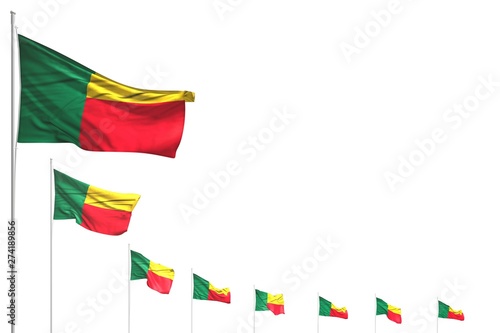 pretty many Benin flags placed diagonal isolated on white with space for your content - any occasion flag 3d illustration..