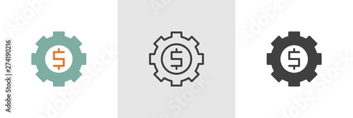 Money options icon. Line, glyph and filled outline colorful version, Gear with dollar outline and filled vector sign. Symbol, logo illustration. Different style icons set. Vector graphics