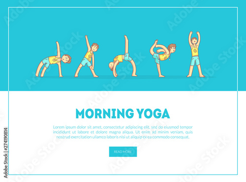 Morning Yoga Banner, Landing Page Template, Boy Practicing Asana Poses, Yoga Class, Healthy Lifestyle Vector Illustration