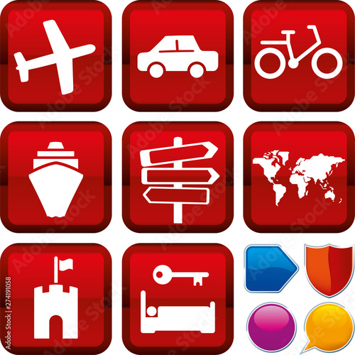 Vector illustration. Set of travel icons on square buttons. Geometric style.