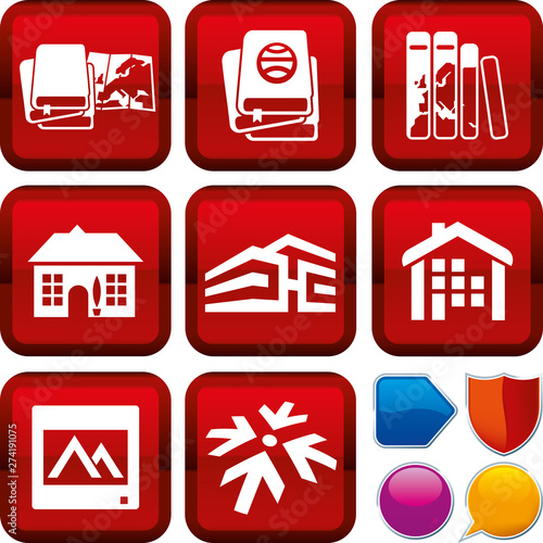 Set of travel icons on square buttons. Geometric style.
