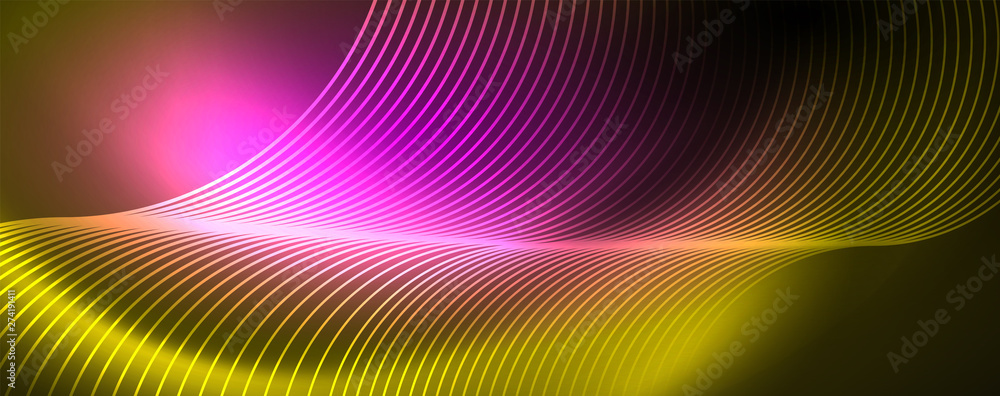 Bright neon circles and wave lines, glowing shiny background design template, digital techno concept. Bright neon circles and wave lines, glowing shiny background design template, digital techno concept.