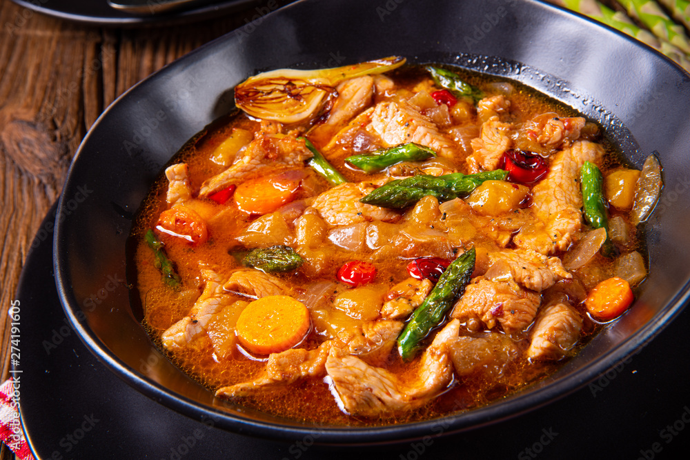 colorful turkey fricassee with asparagus and paprika colorful turkey fricassee with asparagus and paprika