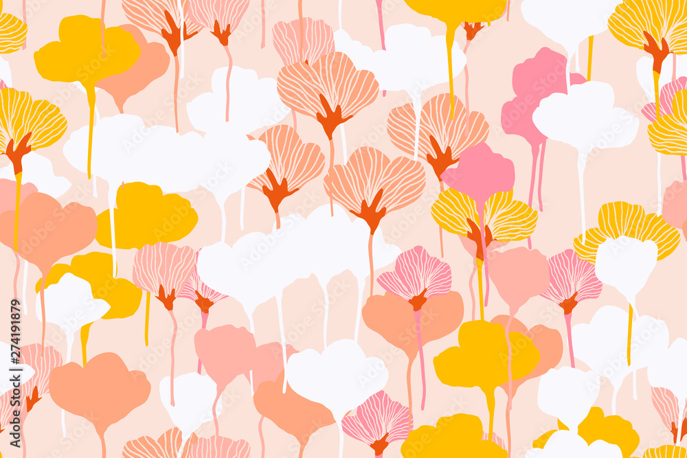 Painting universal freehand floral seamless pattern with hand drawn flowers. Graphic design for background, card, banner, poster, cover, invitation, fabric, header or brochure Painting universal freehand floral seamless pattern with hand drawn flowers. Graphic design for background, card, banner, poster, cover, invitation, fabric, header or brochure