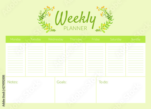 Weekly Planner Template, Organizer and Schedule Vector Illustration