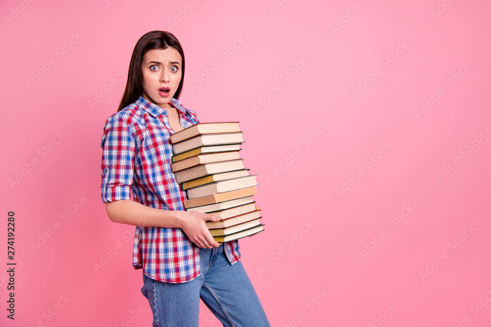 Portrait of scared beautiful cute teen teenager hold hand text books prepare exam cant believe scream shout afraid negative isolated dressed clothing jeans plaid shirt pink background Portrait of scared beautiful cute teen teenager hold hand text books prepare exam cant believe scream shout afraid negative isolated dressed clothing jeans plaid shirt pink background