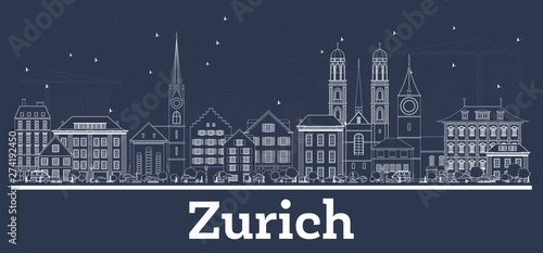Outline Zurich Switzerland City Skyline with White Buildings.