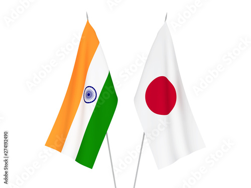 National fabric flags of Japan and India isolated on white background. 3d rendering illustration.