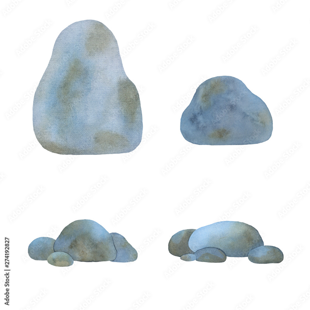 Watercolor sea pebbles. Set of gray stones. Watercolor sea pebbles. Set of gray stones.