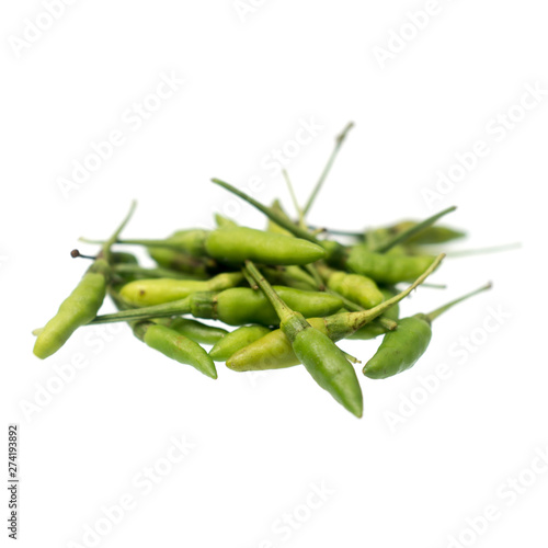 Green hot chilli peppers isolated on a white background , spicy concept , Capsicum annuum , Thai pepper