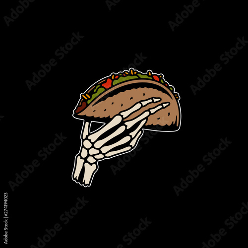 TACO IN SKELETON HAND COLOR BLACK BACKGROUND