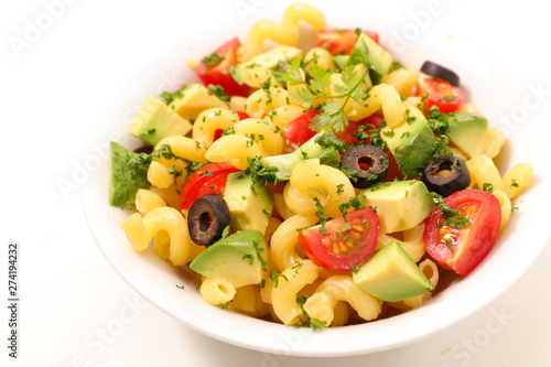pasta salad with avocado, tomato and olive