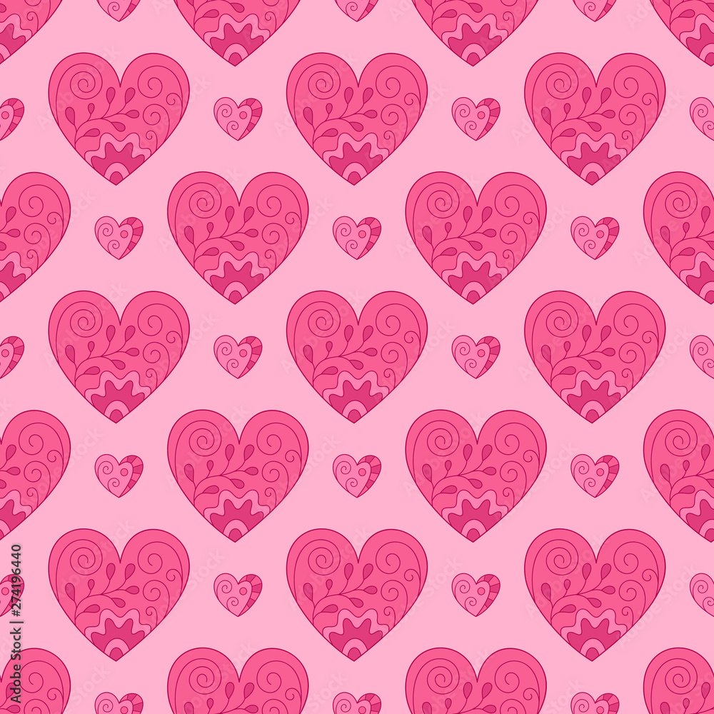 Bright Romantic Seamless Pattern of Pink Hearts on Light Backdrop.