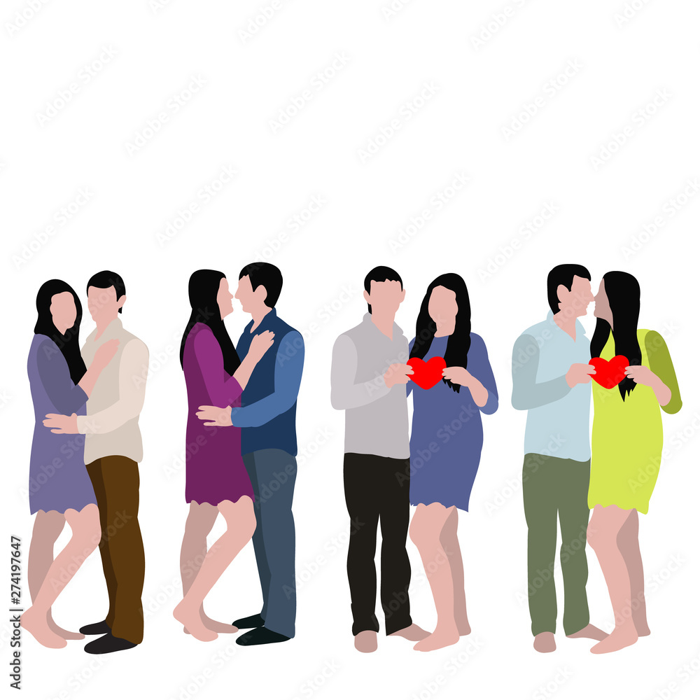  flat style, guy and girl hugging, set