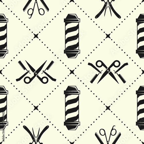 Barbershop seamless pattern with hairdressing scissors and razor. Vector illustration.