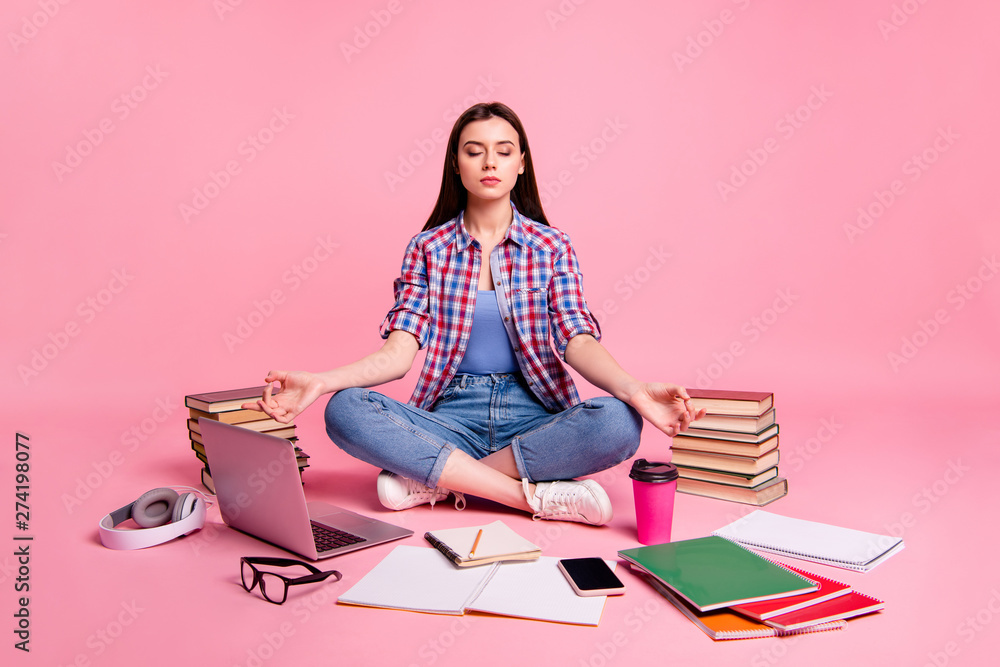 Portrait of cute pleasure lady positive close eyes fit train mind serious plaid clothing shirt checked youth gesture isolated pastel background legs crossed folded Portrait of cute pleasure lady positive close eyes fit train mind serious plaid clothing shirt checked youth gesture isolated pastel background legs crossed folded