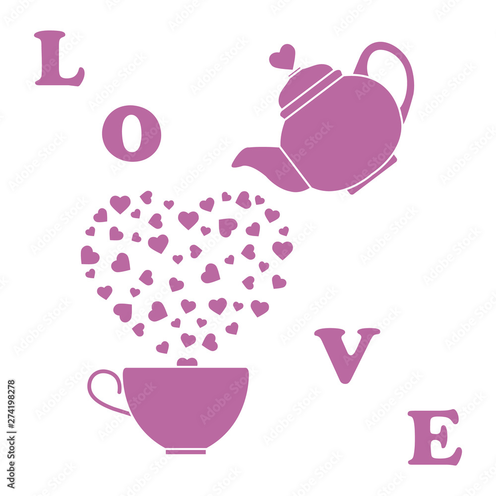 Greeting card Valentine's Day. Teapot, cup, hearts