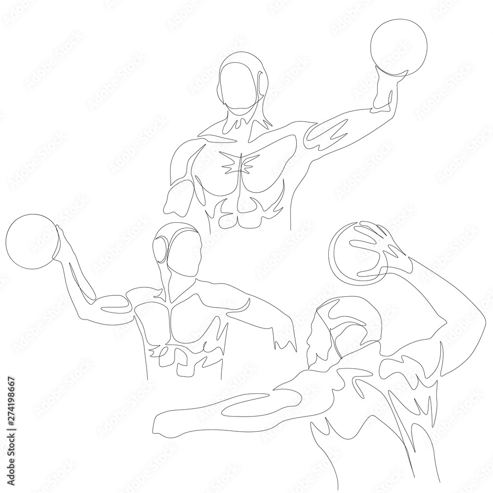 Continuous one line water polo player set. Summer Olympic Games. Vector