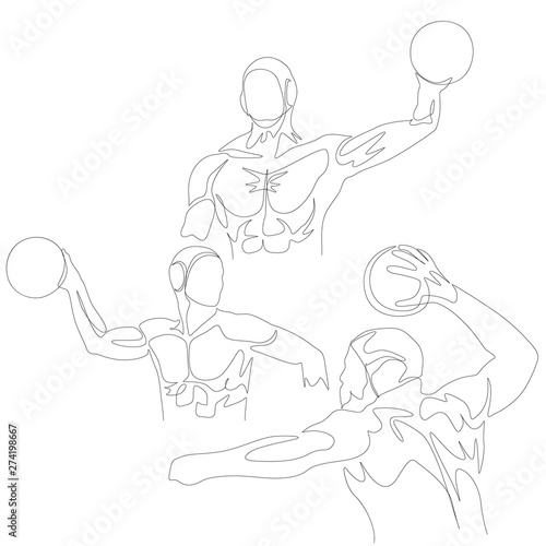Continuous one line water polo player set. Summer Olympic Games. Vector