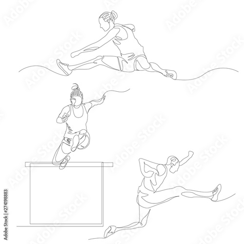 Continuous one line hurdling runner set. Summer Olympic Games. Vector