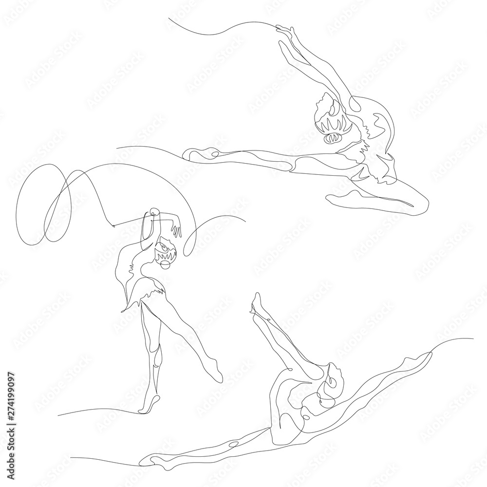 Continuous one line rhythmic gymnastics girl set. Summer Olympic Games. Vector