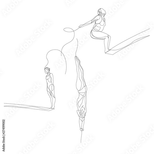 Continuous one line athlete jump in water or fall in water set. Summer Olympic Games. Vector