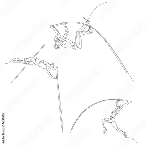 Continuous one line pole vaulting set. Summer Olympic Games. Vector