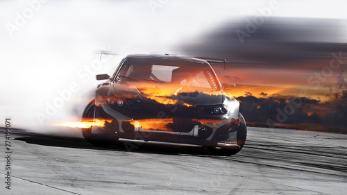 Double exposure sunset with car drifting, Blurred of image diffusion race drift car with lots of smoke from burning tires