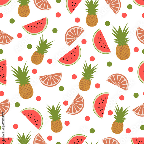 Fototapeta Naklejka Na Ścianę i Meble -  Seamless pattern with pineapple orange, watermelon