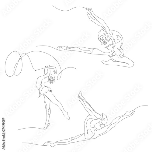 Continuous one line rhythmic gymnastics girl set. Summer Olympic Games. Vector