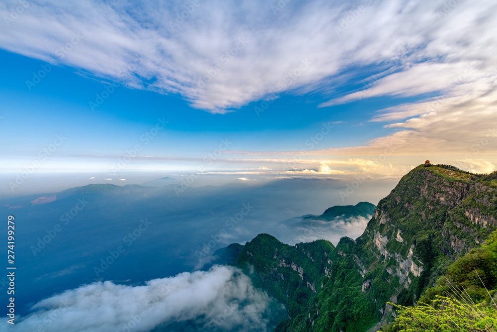 Peaks and seas of clouds under blue sky and white clouds, Emei Mountain, Sichuan Province, China